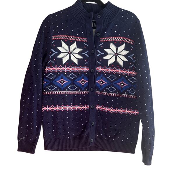 New Lands’ End Women’s Navy Blue Fair Isle Button Up Cardigan M Wool Blend Snow - Picture 1 of 3
